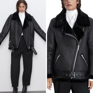 Zara Black Faux Leather Shearling Biker Moto Jacket